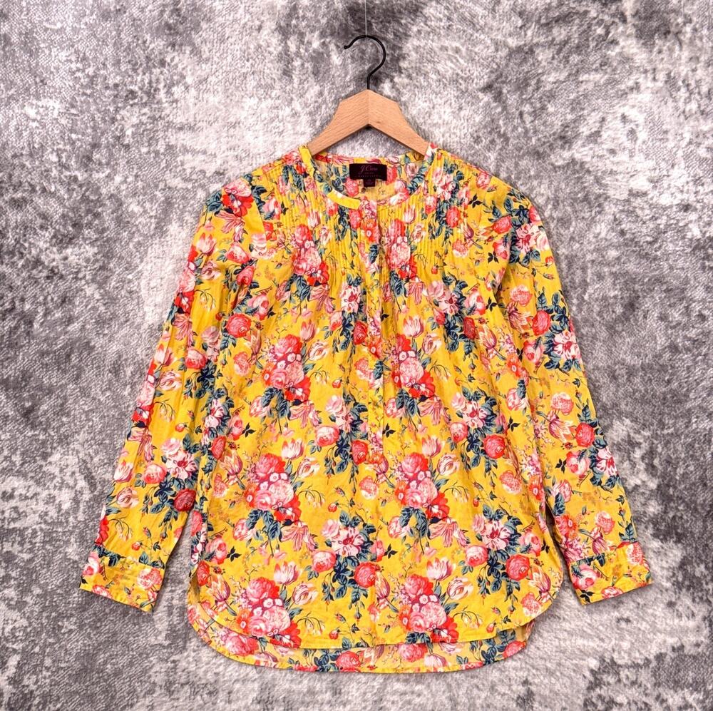 J Crew Top 0 Womens Liberty London Yellow Floral Cotton Pleated Popover Blouse